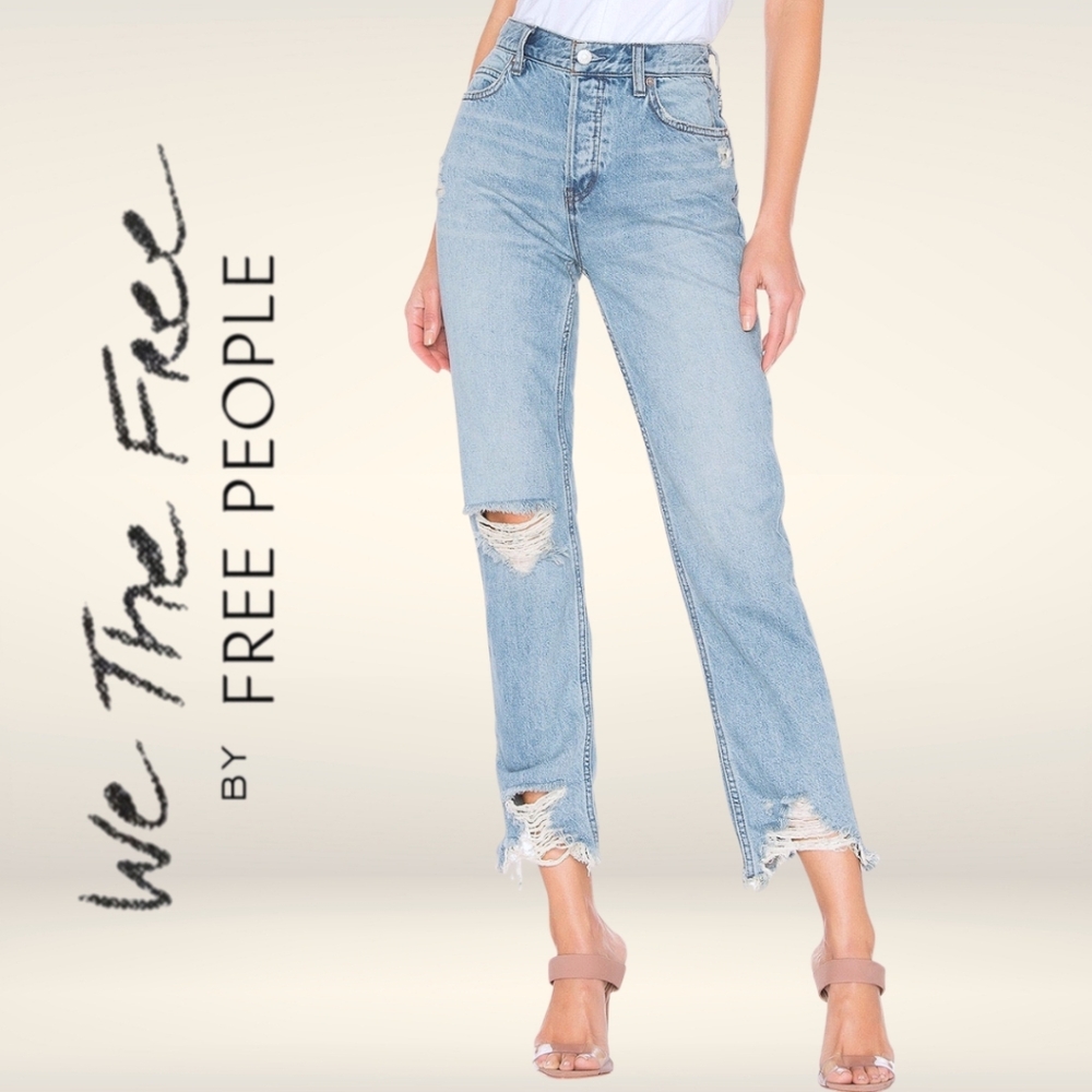 Free People Womens Jeans Chewed Up Mid-Rise Straight Button Fly Distressed Sz 26